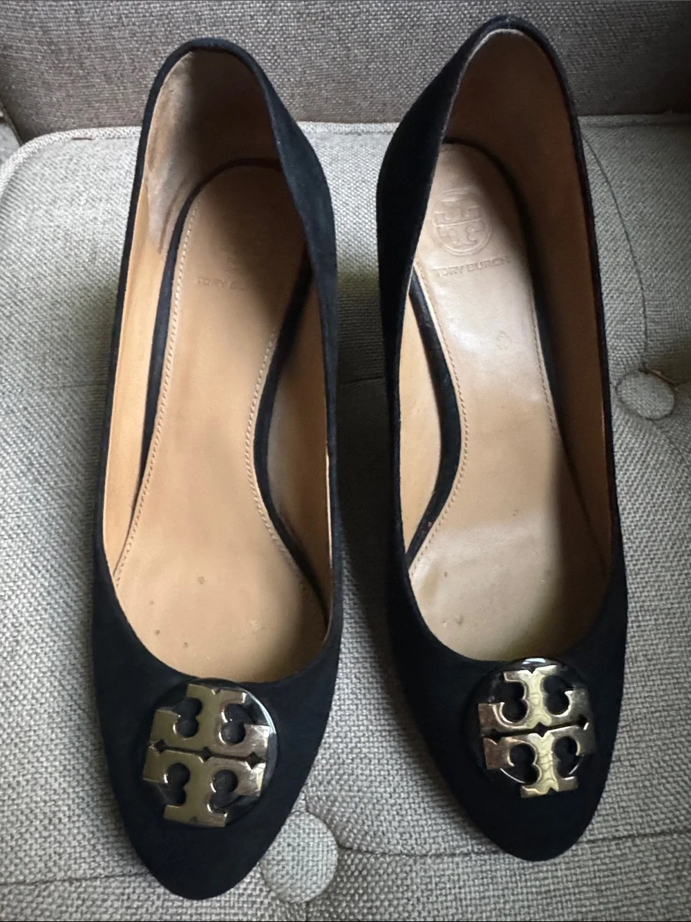 Tory Burch Black Suede Logo Cap-Toe Flats with Gold Medallions